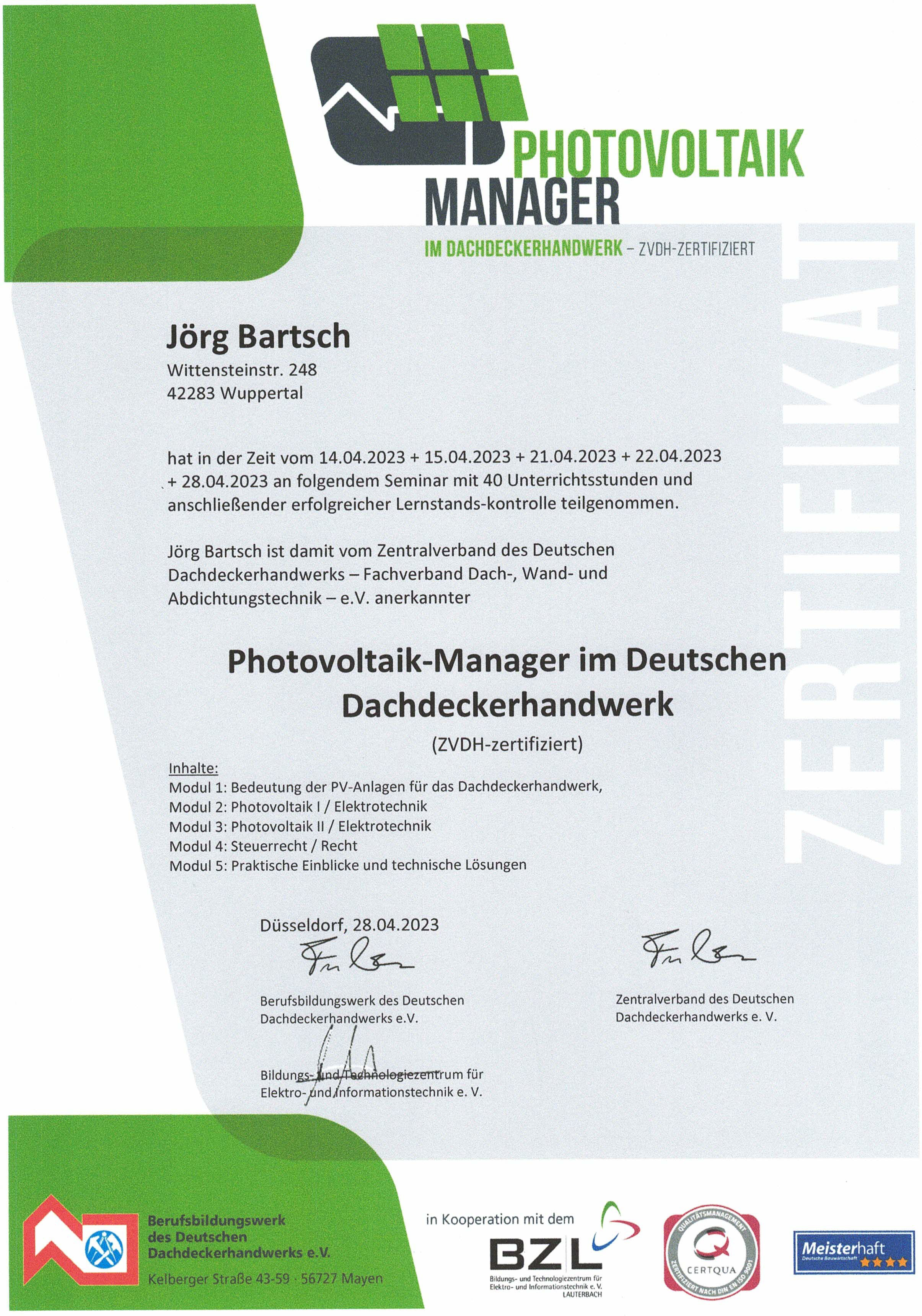 Zertifikat für Photovoltaik Manager